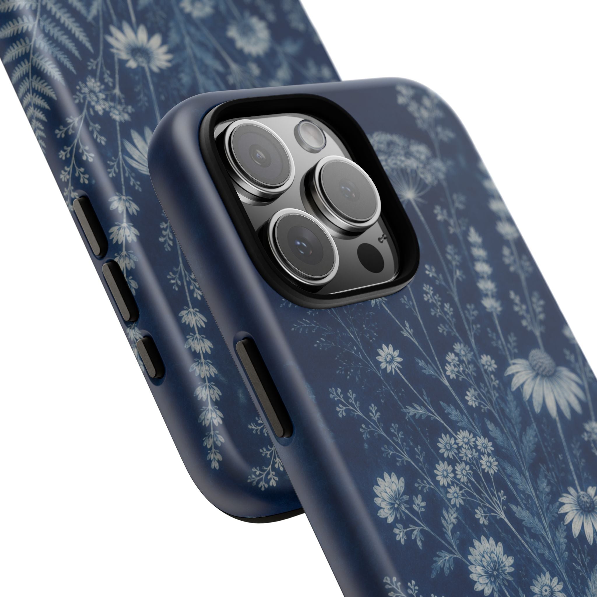 Blue Botanical iPhone Case for iPhone 15–17, Cyanotype Wildflowers