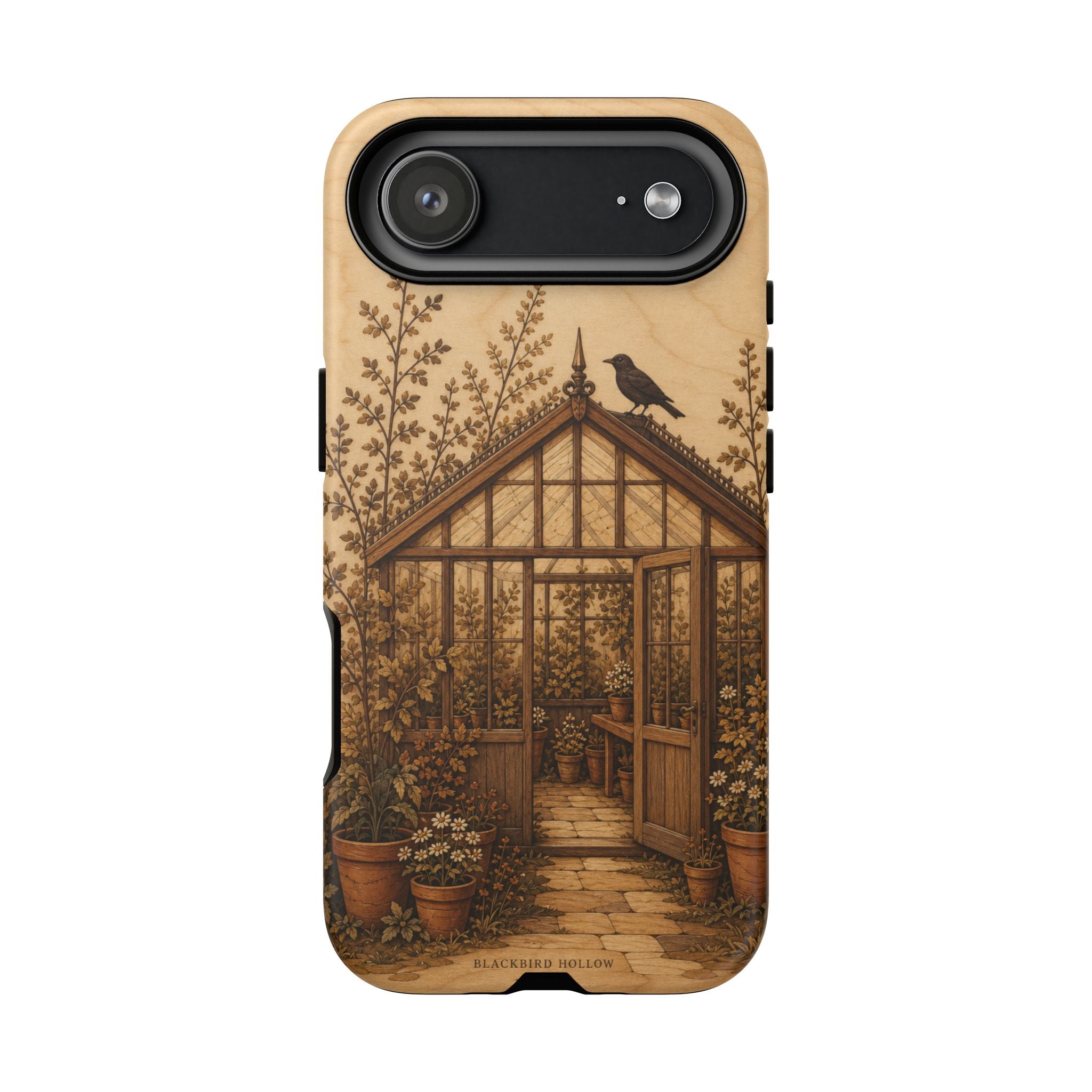 Botanical iPhone Case for iPhone 15–17, Wood Marquetry Greenhouse