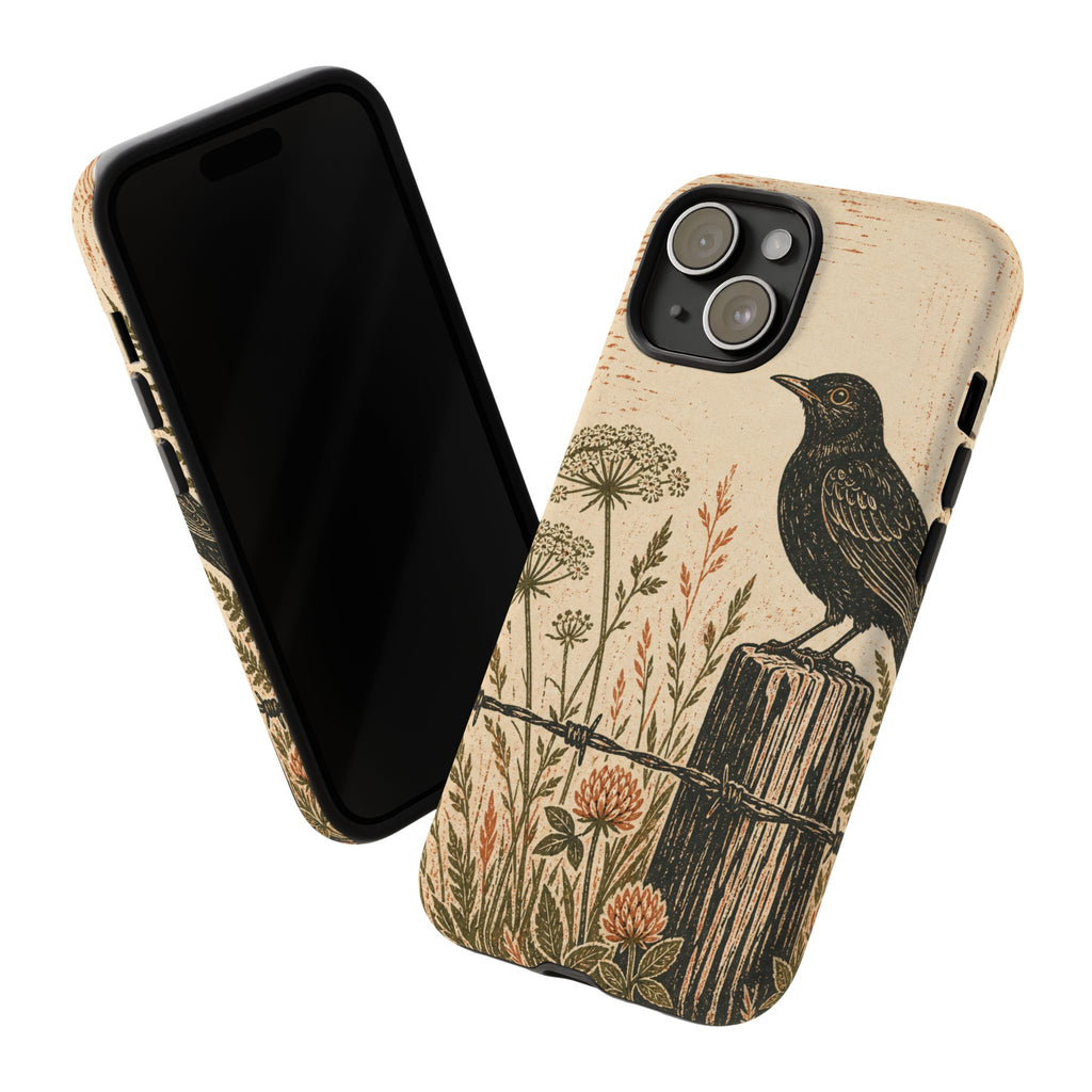 Rustic Matte iPhone Case for iPhone 15–17, Blackbird Linocut