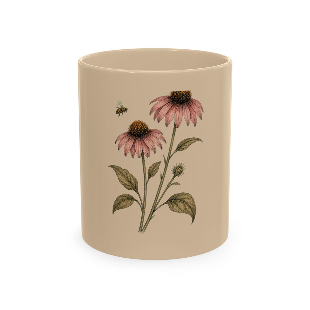 Botanical Ceramic Mug, Echinacea and Honeybee Garden Design