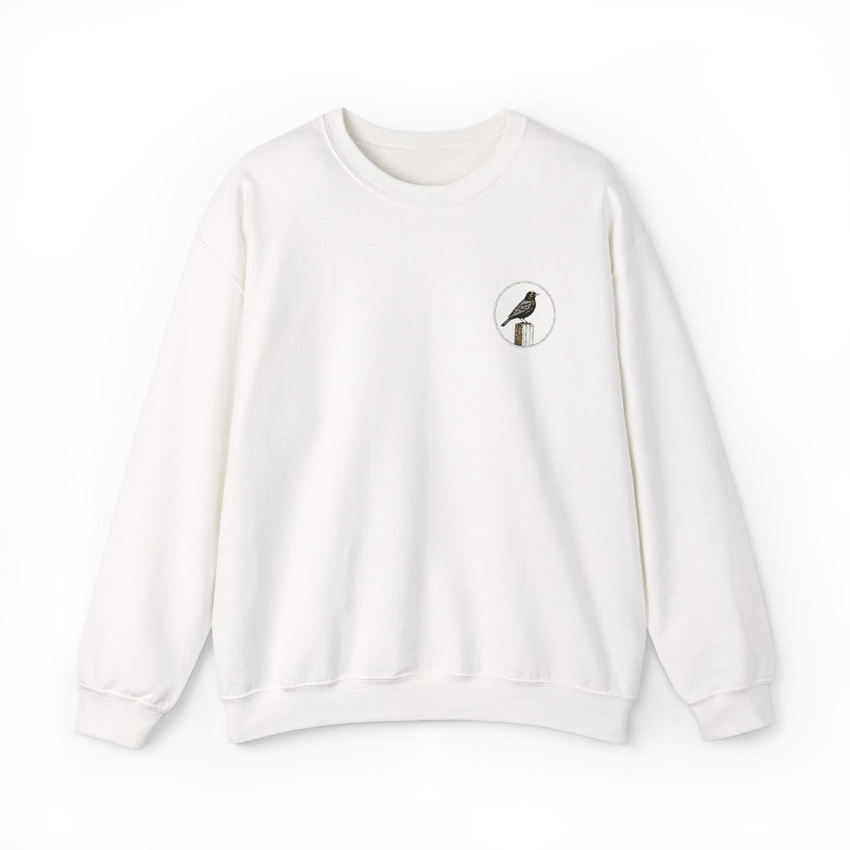 White Crewneck Sweatshirt with Embroidered Patch — Blackbird Graphic