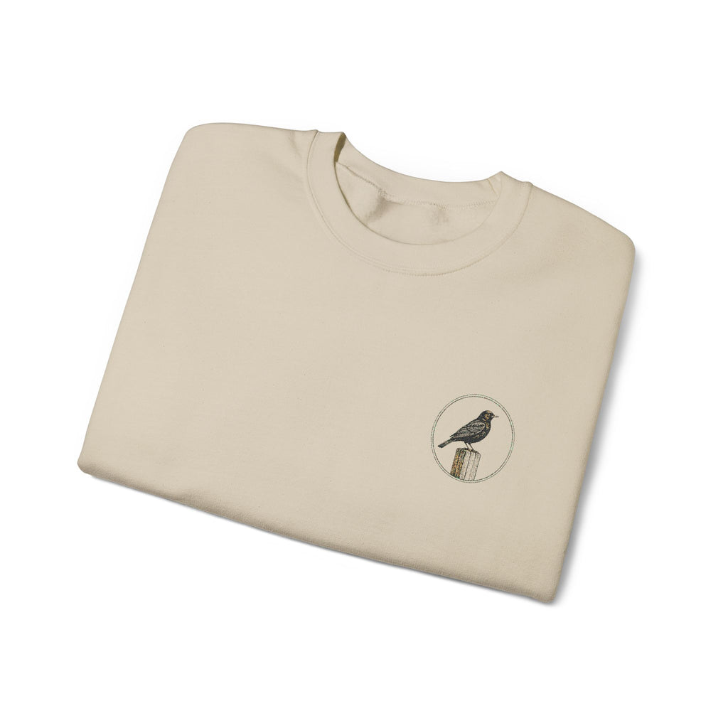 White Crewneck Sweatshirt with Embroidered Patch — Blackbird Graphic