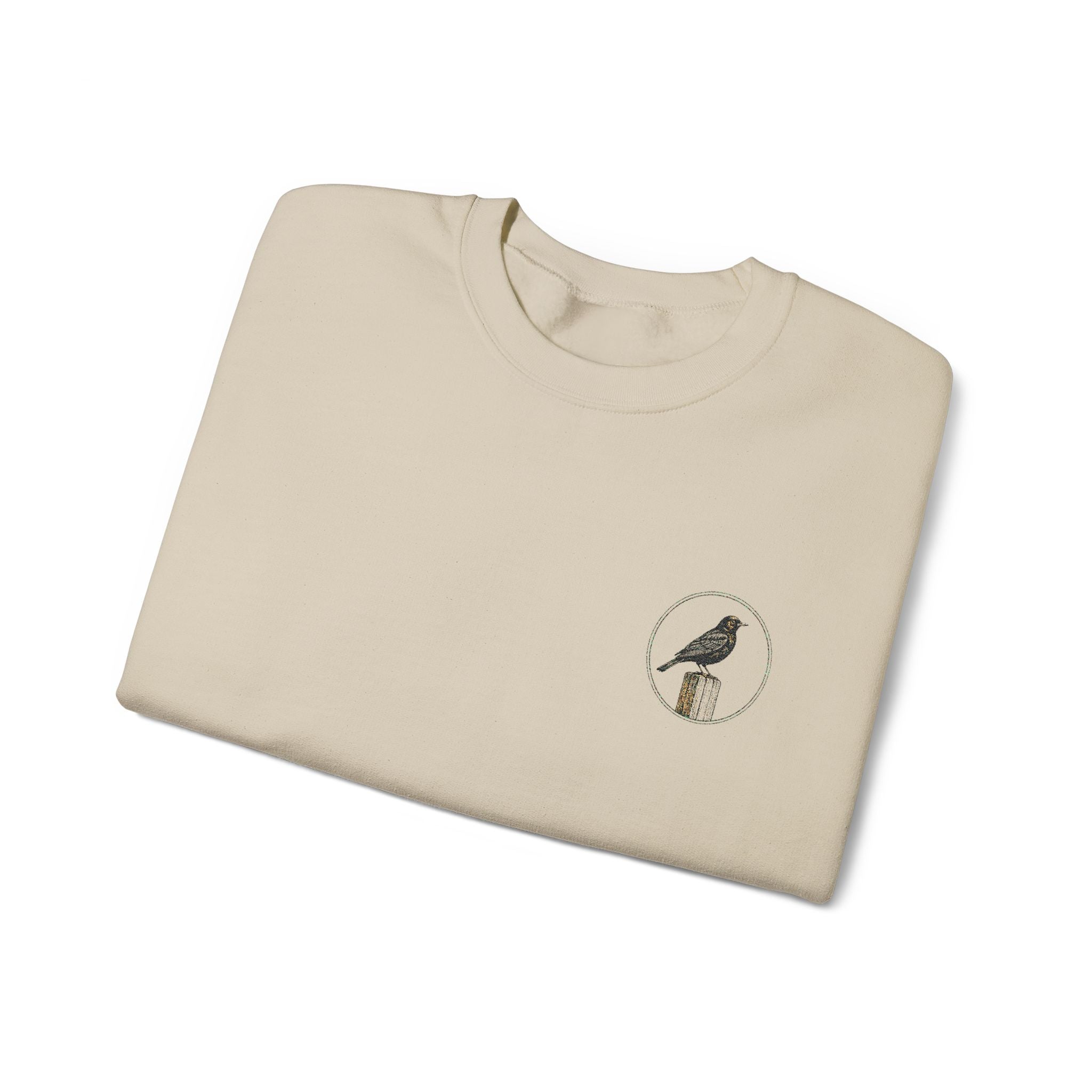 White Crewneck Sweatshirt with Embroidered Patch — Blackbird Graphic