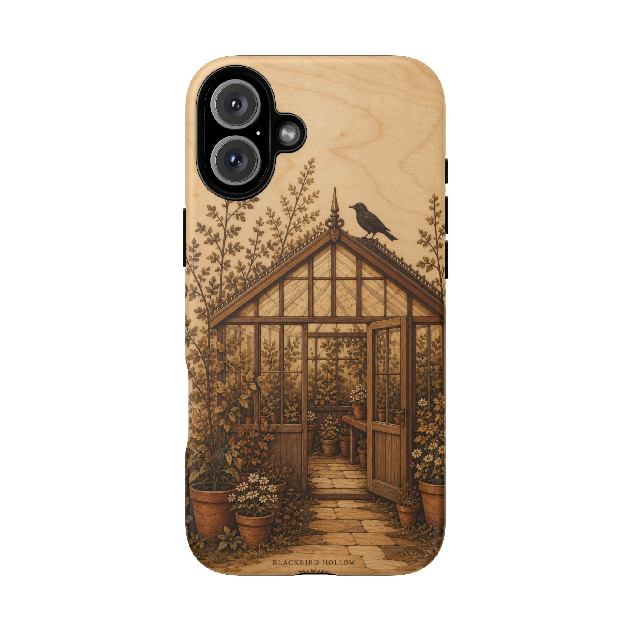 Botanical iPhone Case for iPhone 15–17, Wood Marquetry Greenhouse