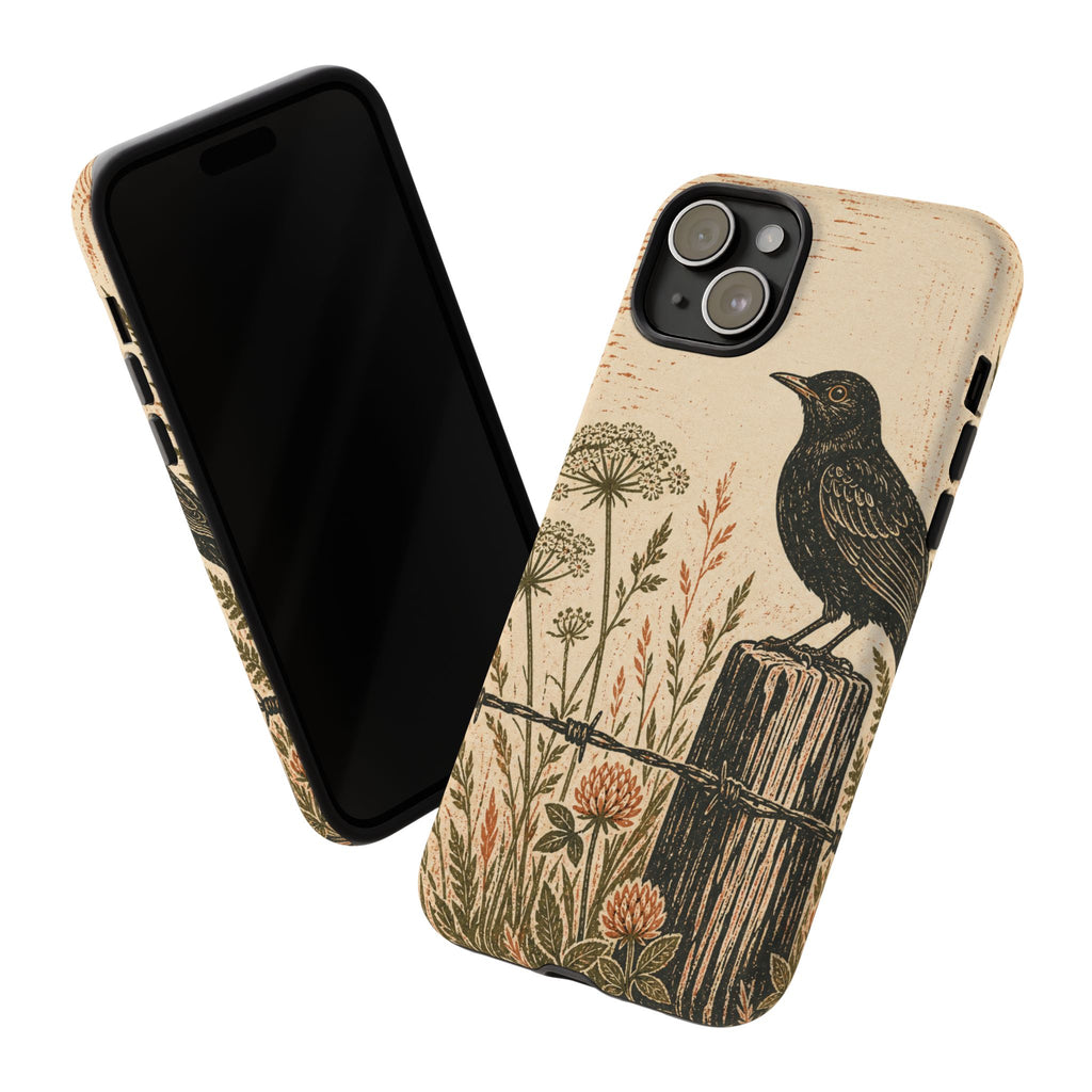 Rustic Matte iPhone Case for iPhone 15–17, Blackbird Linocut