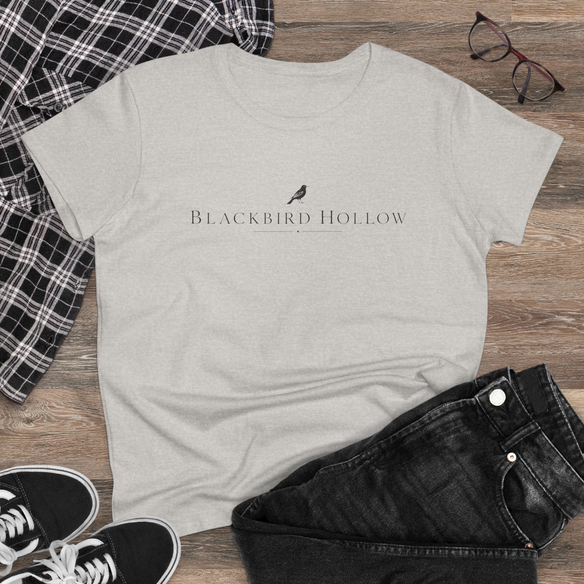 Blackbird Hollow Women's Tee — Minimal Script Logo Cotton Shirt