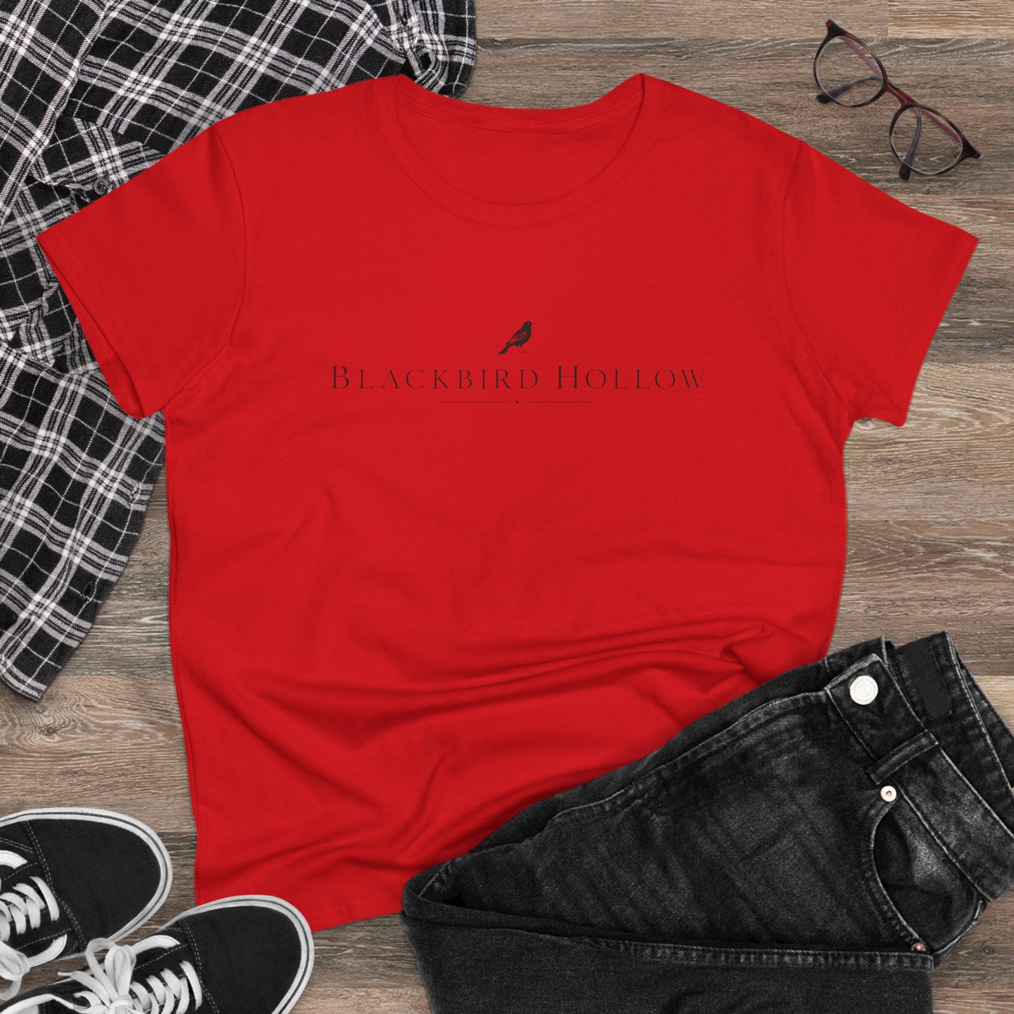 Blackbird Hollow Women's Tee — Minimal Script Logo Cotton Shirt