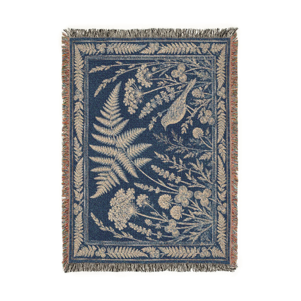 Blue Botanical Woven Throw Blanket, Cyanotype Wildflower Tapestry