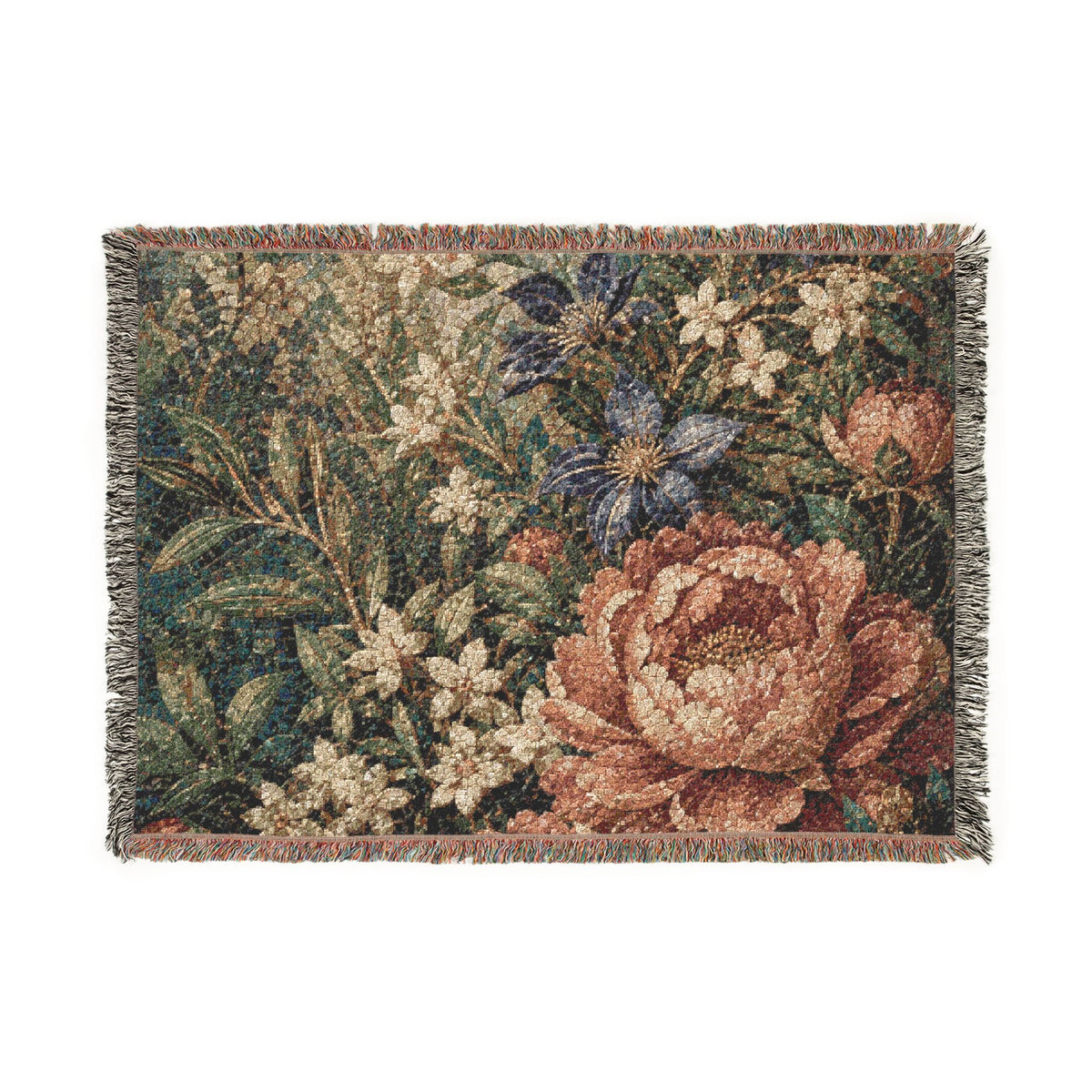Garden Mosaic Woven Cotton Blanket, Floral Wedding Throw, 60 x 80
