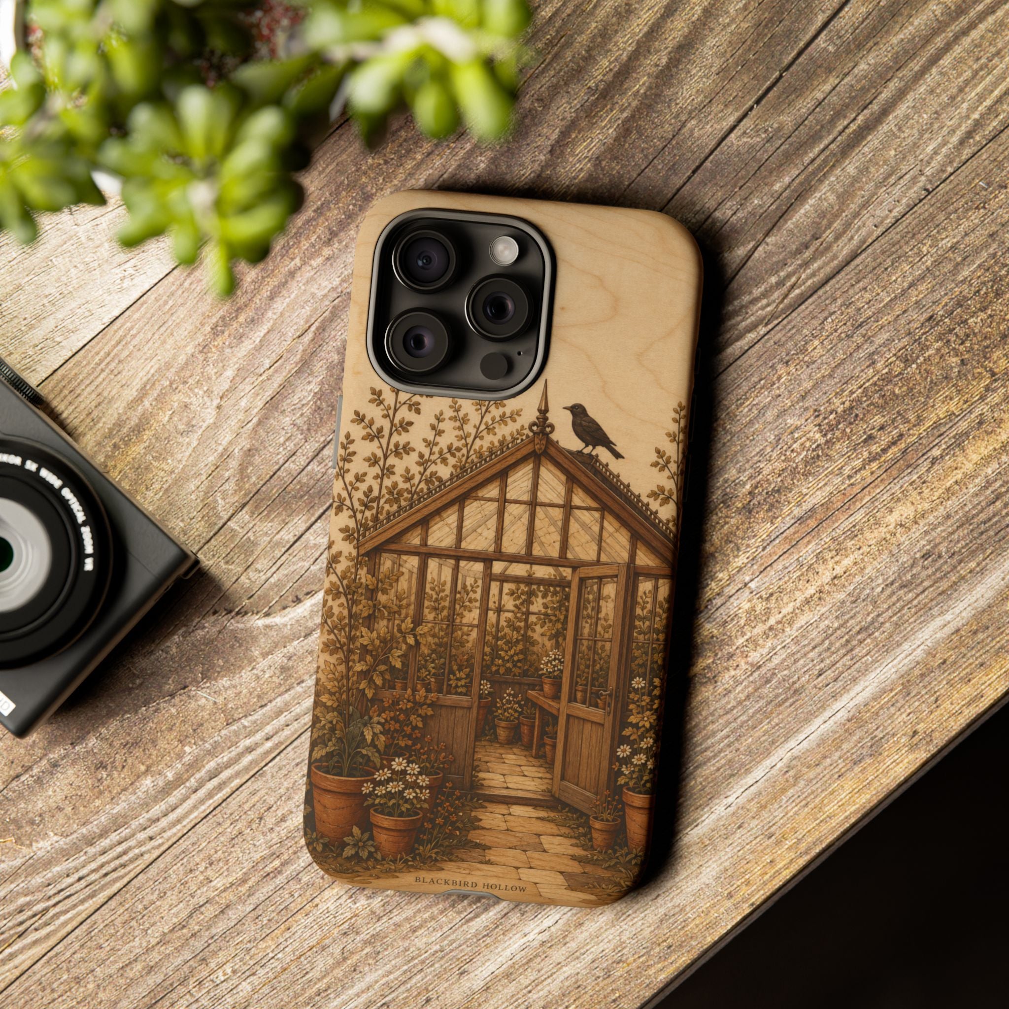 Botanical iPhone Case for iPhone 15–17, Wood Marquetry Greenhouse