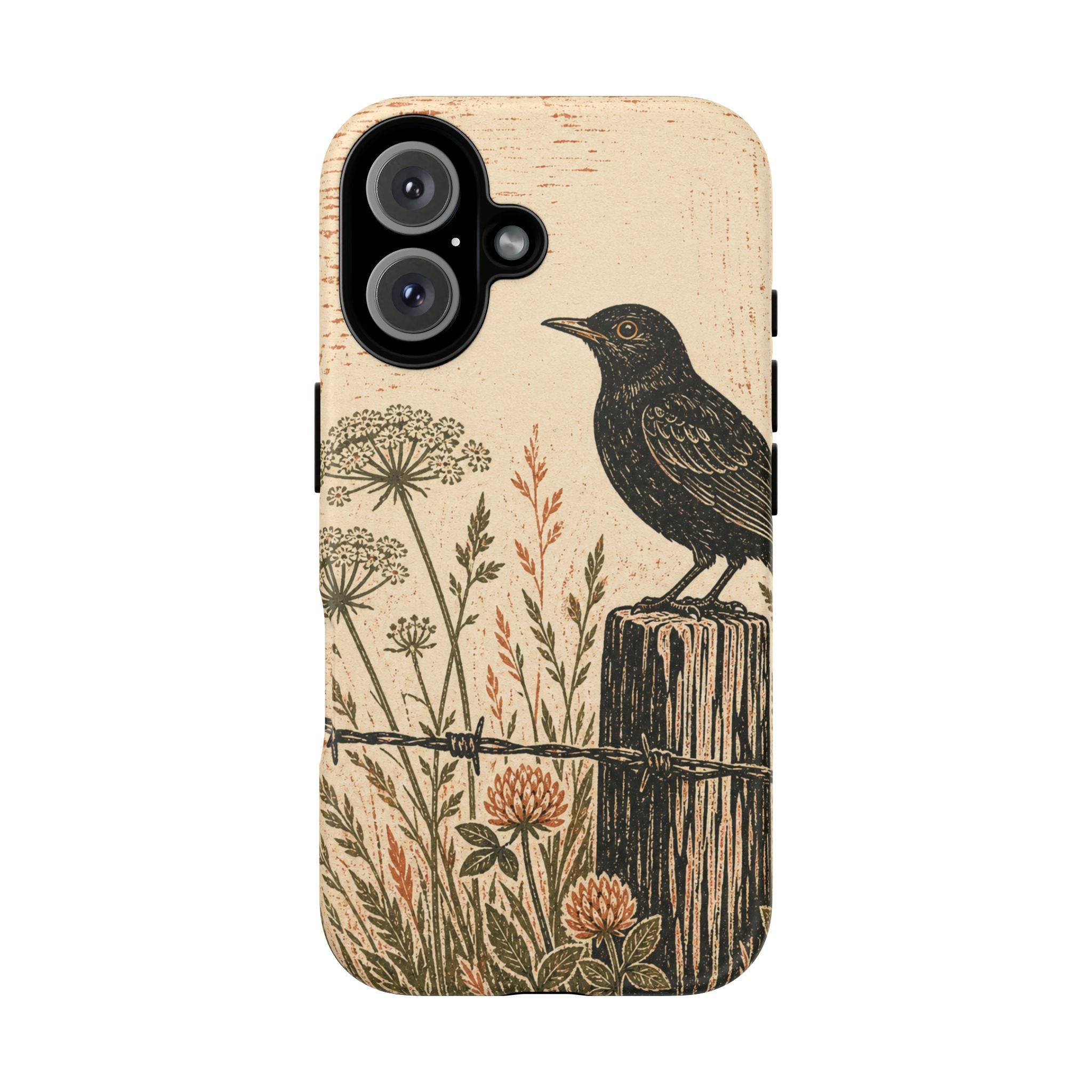 Rustic Matte iPhone Case for iPhone 15–17, Blackbird Linocut