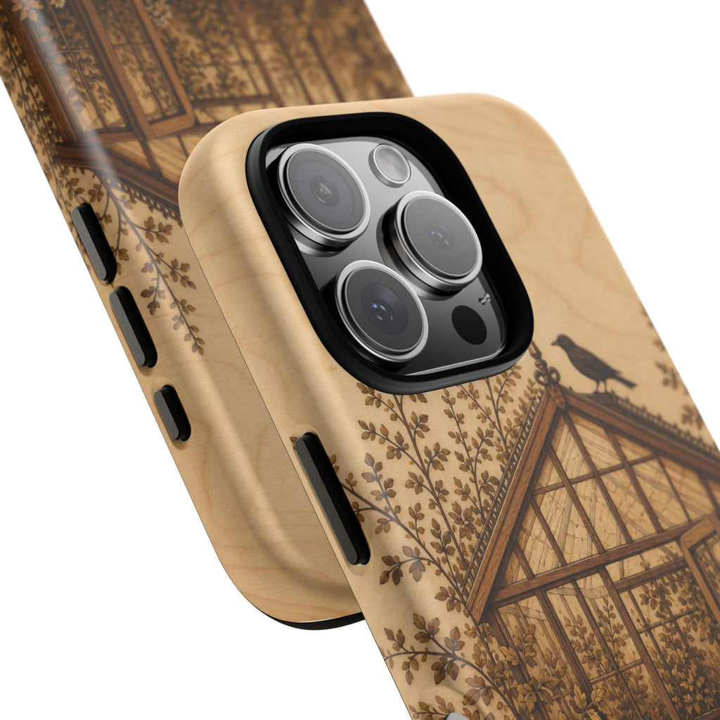 Botanical iPhone Case for iPhone 15–17, Wood Marquetry Greenhouse