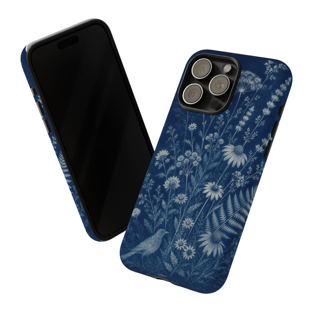 Blue Botanical iPhone Case for iPhone 15–17, Cyanotype Wildflowers