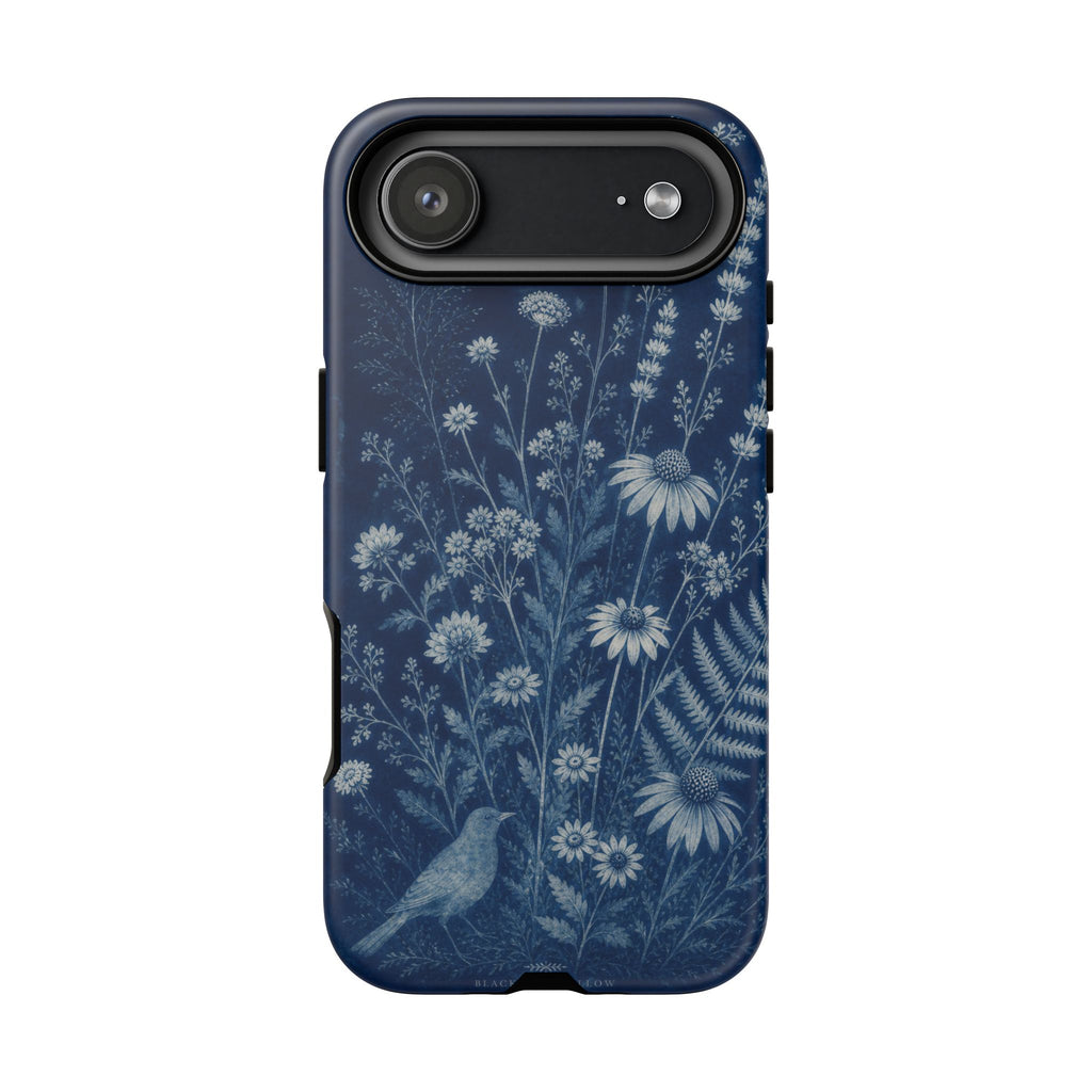 Blue Botanical iPhone Case for iPhone 15–17, Cyanotype Wildflowers