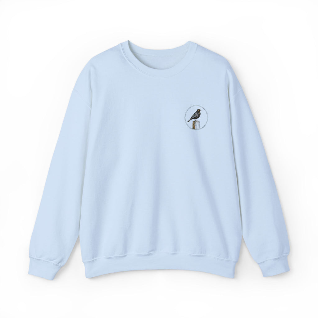 White Crewneck Sweatshirt with Embroidered Patch — Blackbird Graphic