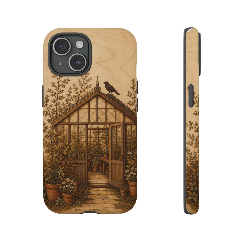 Botanical iPhone Case for iPhone 15–17, Wood Marquetry Greenhouse