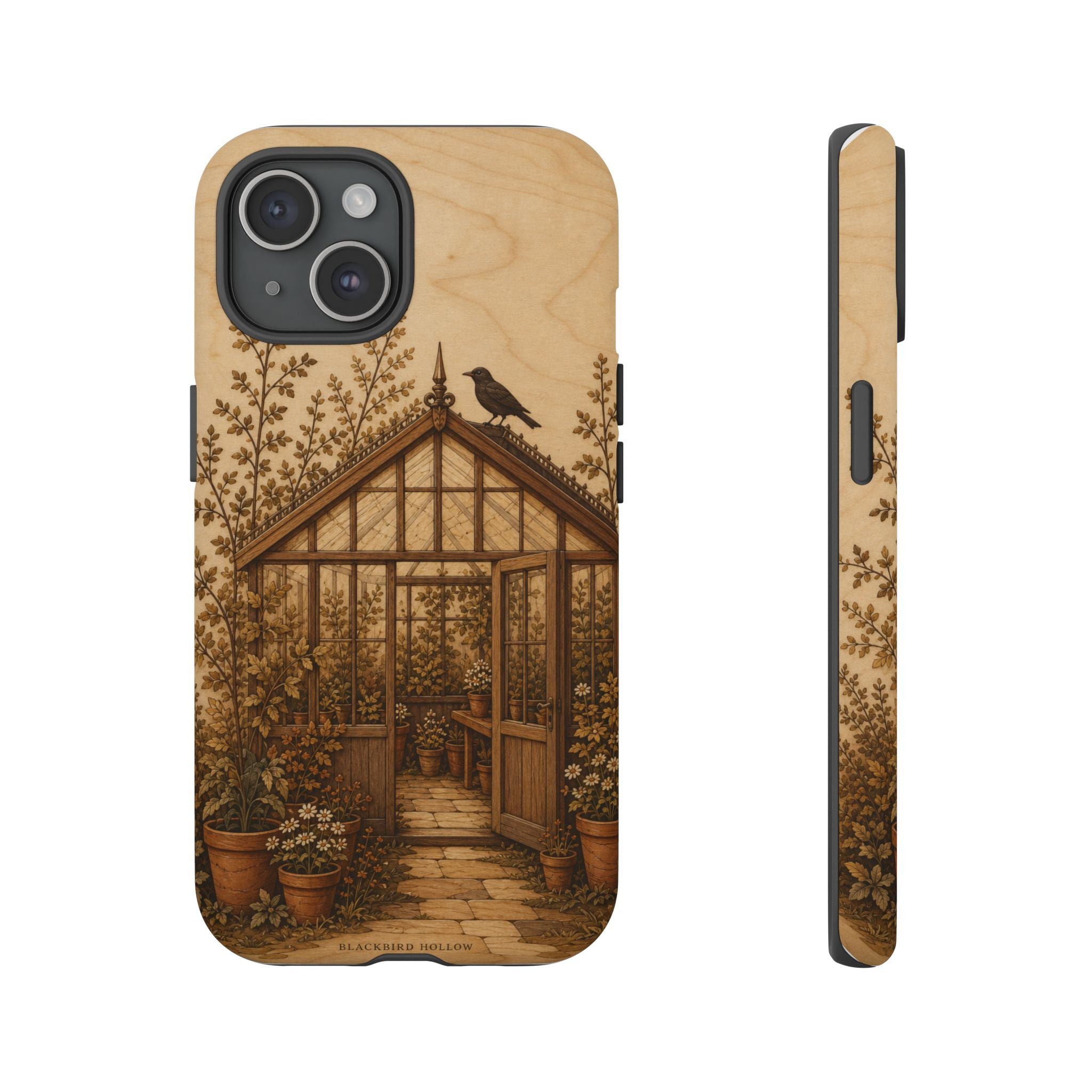 Botanical iPhone Case for iPhone 15–17, Wood Marquetry Greenhouse