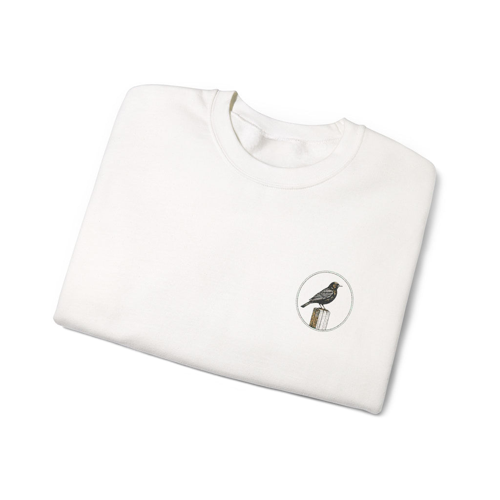 White Crewneck Sweatshirt with Embroidered Patch — Blackbird Graphic