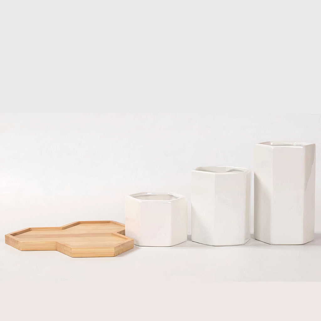 Ceramic Planters — Set of 3 with Bamboo Tray
