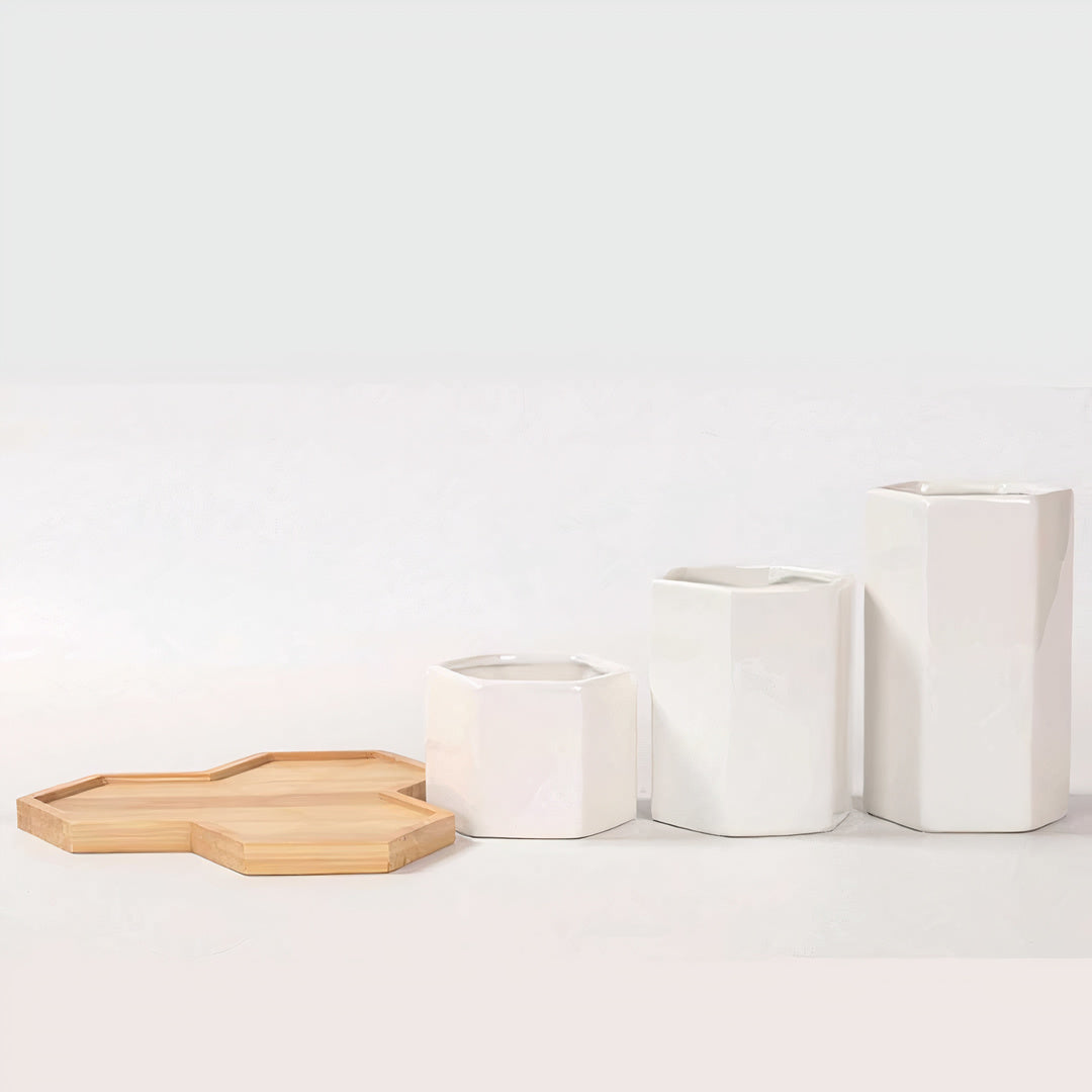 Ceramic Planters — Set of 3 with Bamboo Tray