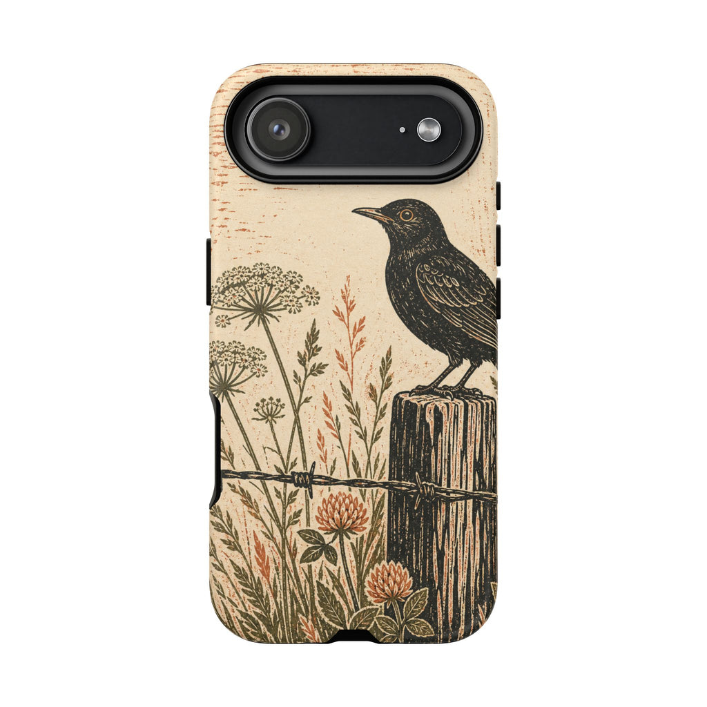 Rustic Matte iPhone Case for iPhone 15–17, Blackbird Linocut