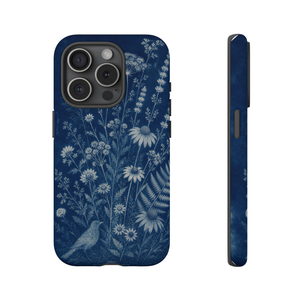 Blue Botanical iPhone Case for iPhone 15–17, Cyanotype Wildflowers