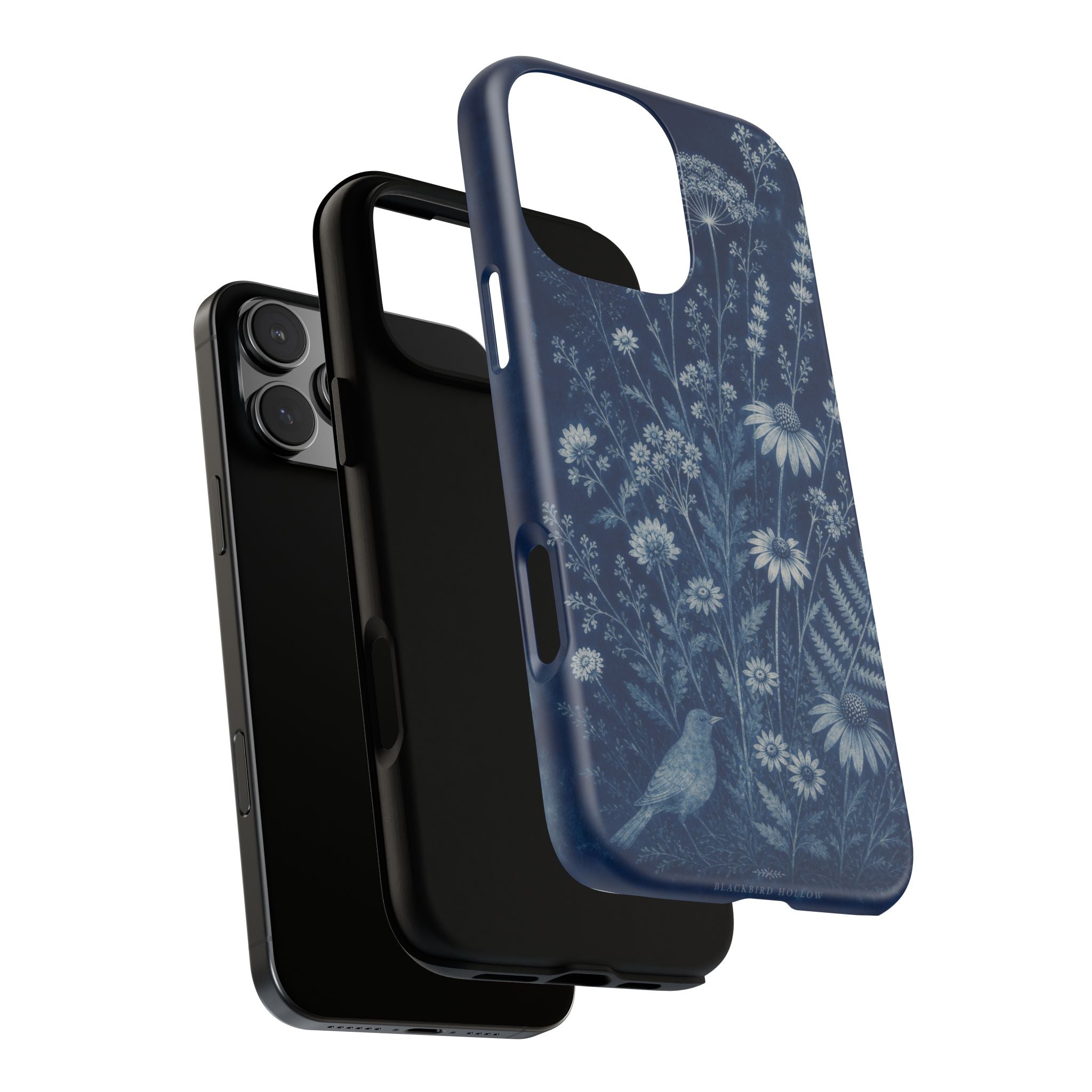 Blue Botanical iPhone Case for iPhone 15–17, Cyanotype Wildflowers
