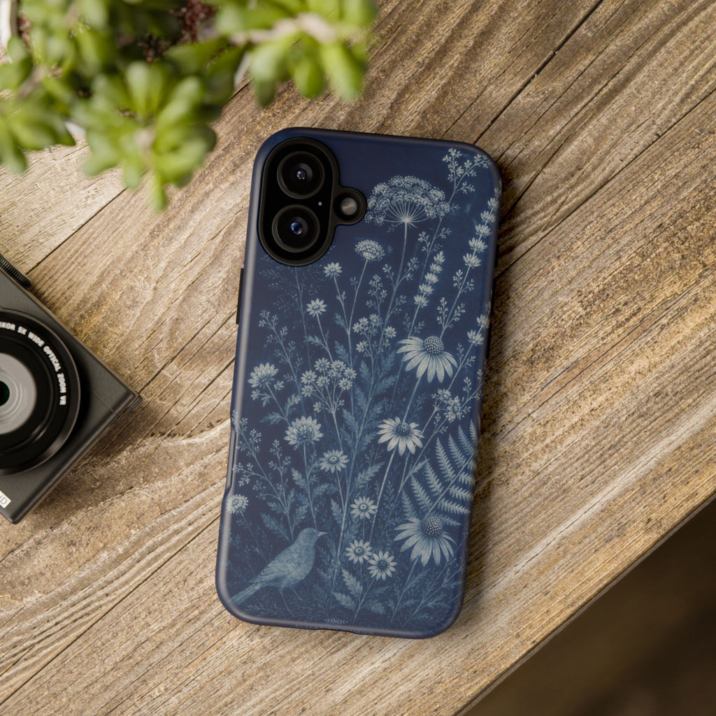 Blue Botanical iPhone Case for iPhone 15–17, Cyanotype Wildflowers
