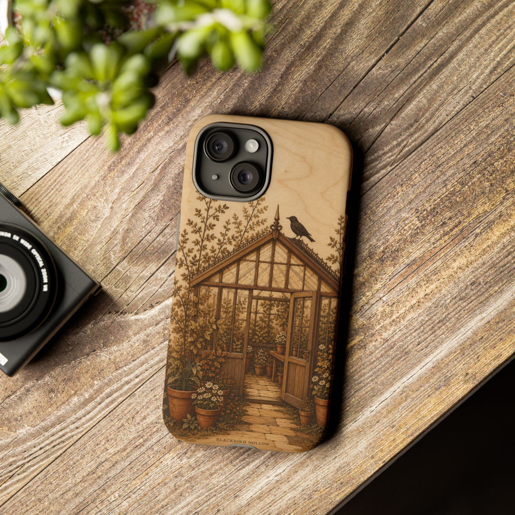 Botanical iPhone Case for iPhone 15–17, Wood Marquetry Greenhouse
