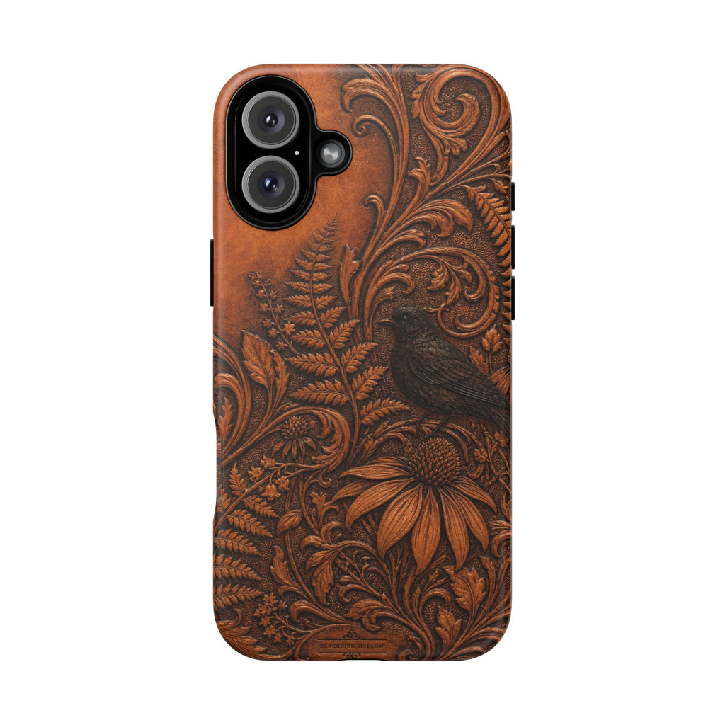 Floral Matte iPhone Case for iPhone 15–17, Tooled Leather Look