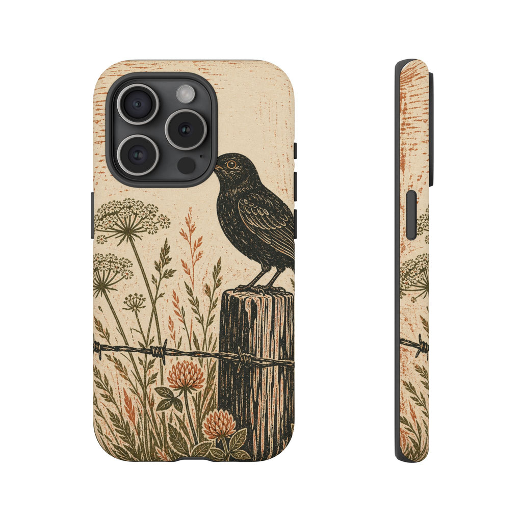 Rustic Matte iPhone Case for iPhone 15–17, Blackbird Linocut