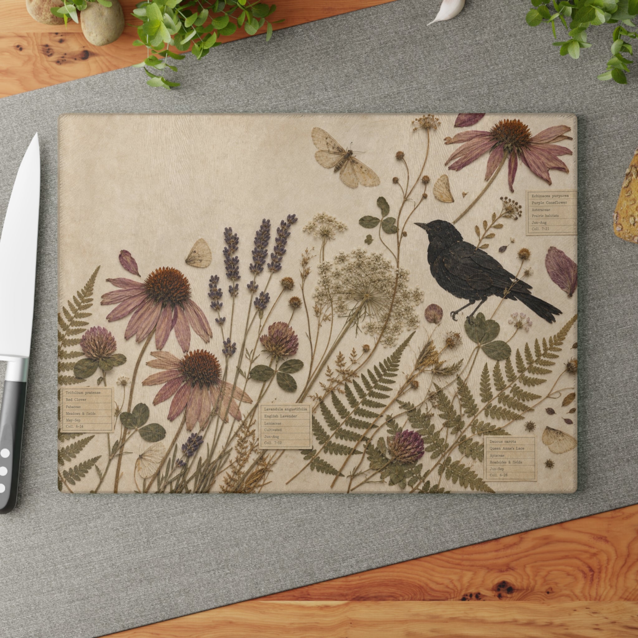 Botanical Glass Cutting Board, Pressed Wildflower Herbarium Design