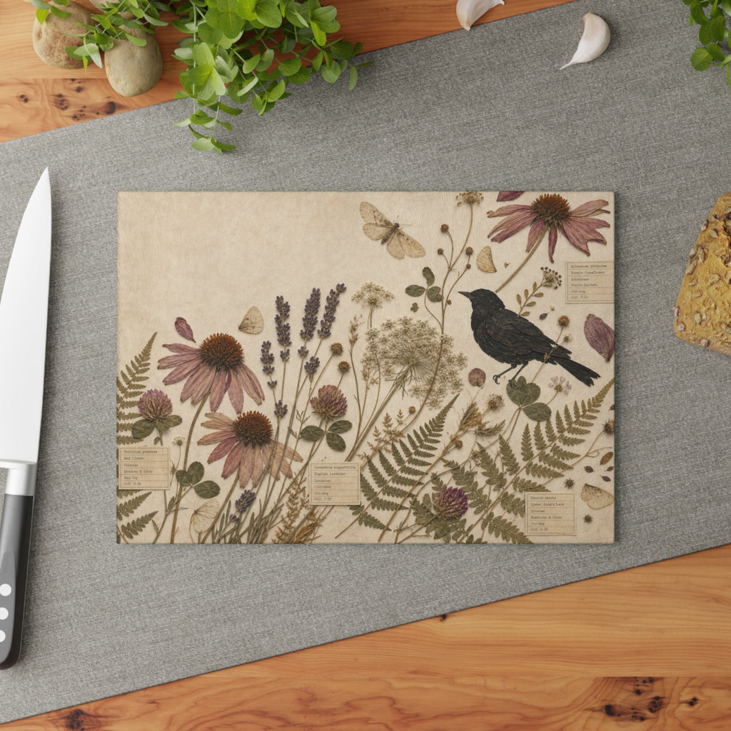 Botanical Glass Cutting Board, Pressed Wildflower Herbarium Design