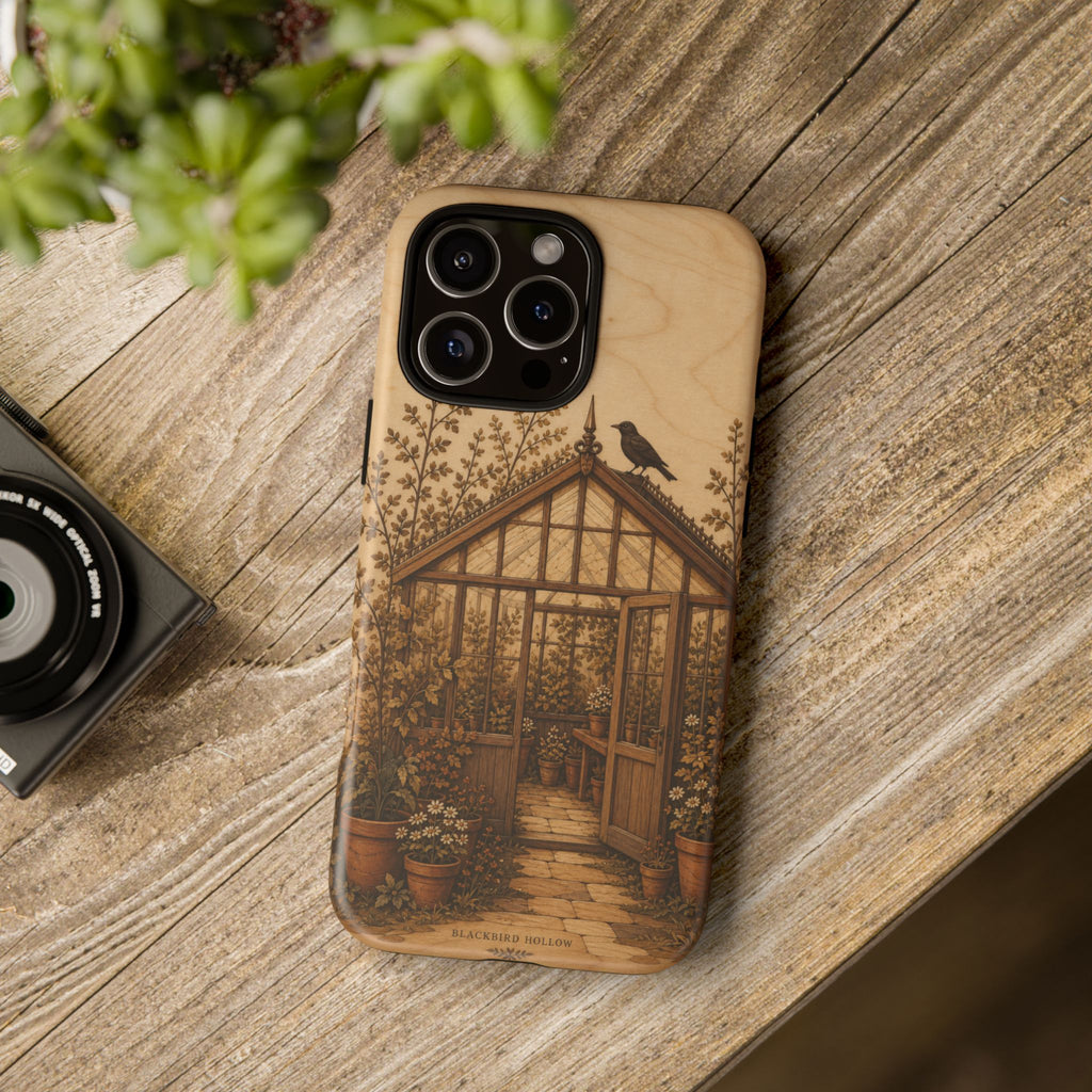 Botanical iPhone Case for iPhone 15–17, Wood Marquetry Greenhouse
