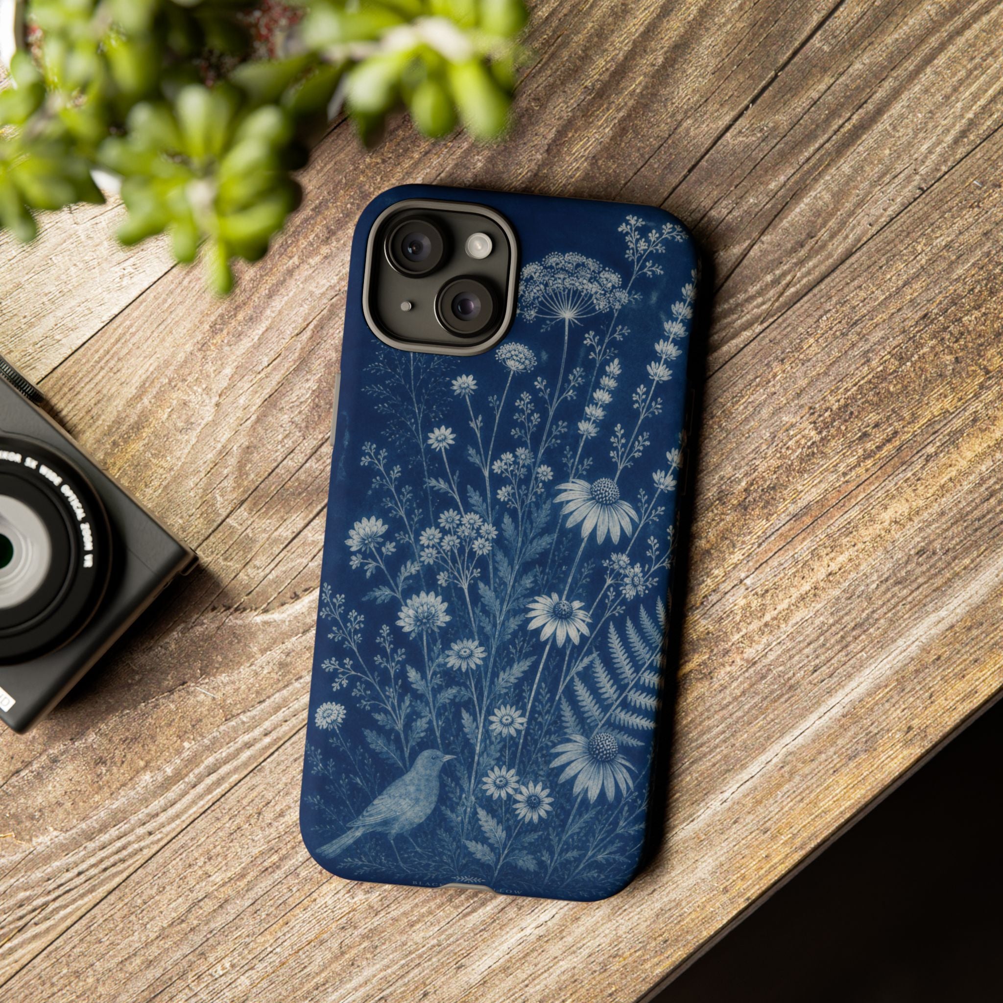 Blue Botanical iPhone Case for iPhone 15–17, Cyanotype Wildflowers