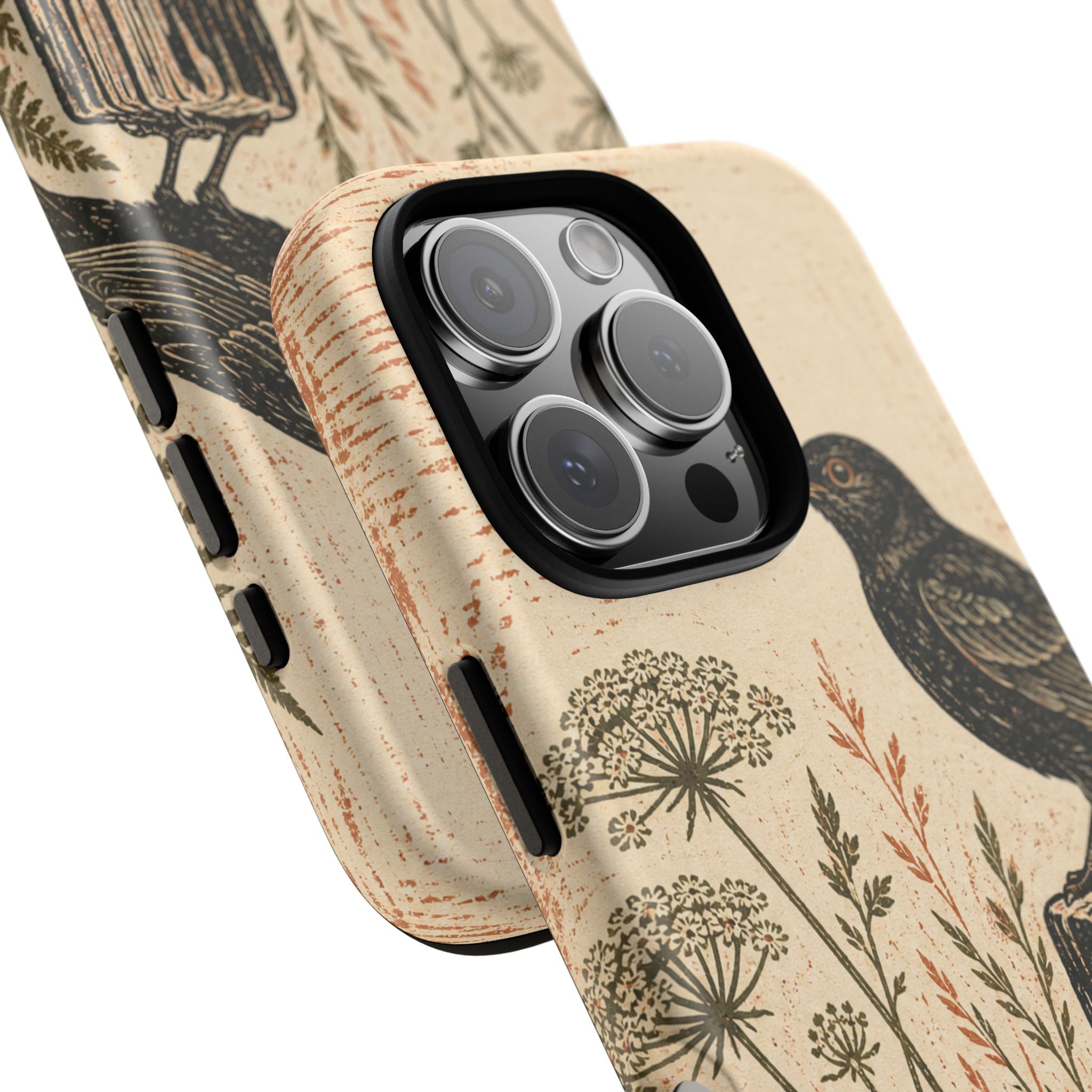 Rustic Matte iPhone Case for iPhone 15–17, Blackbird Linocut