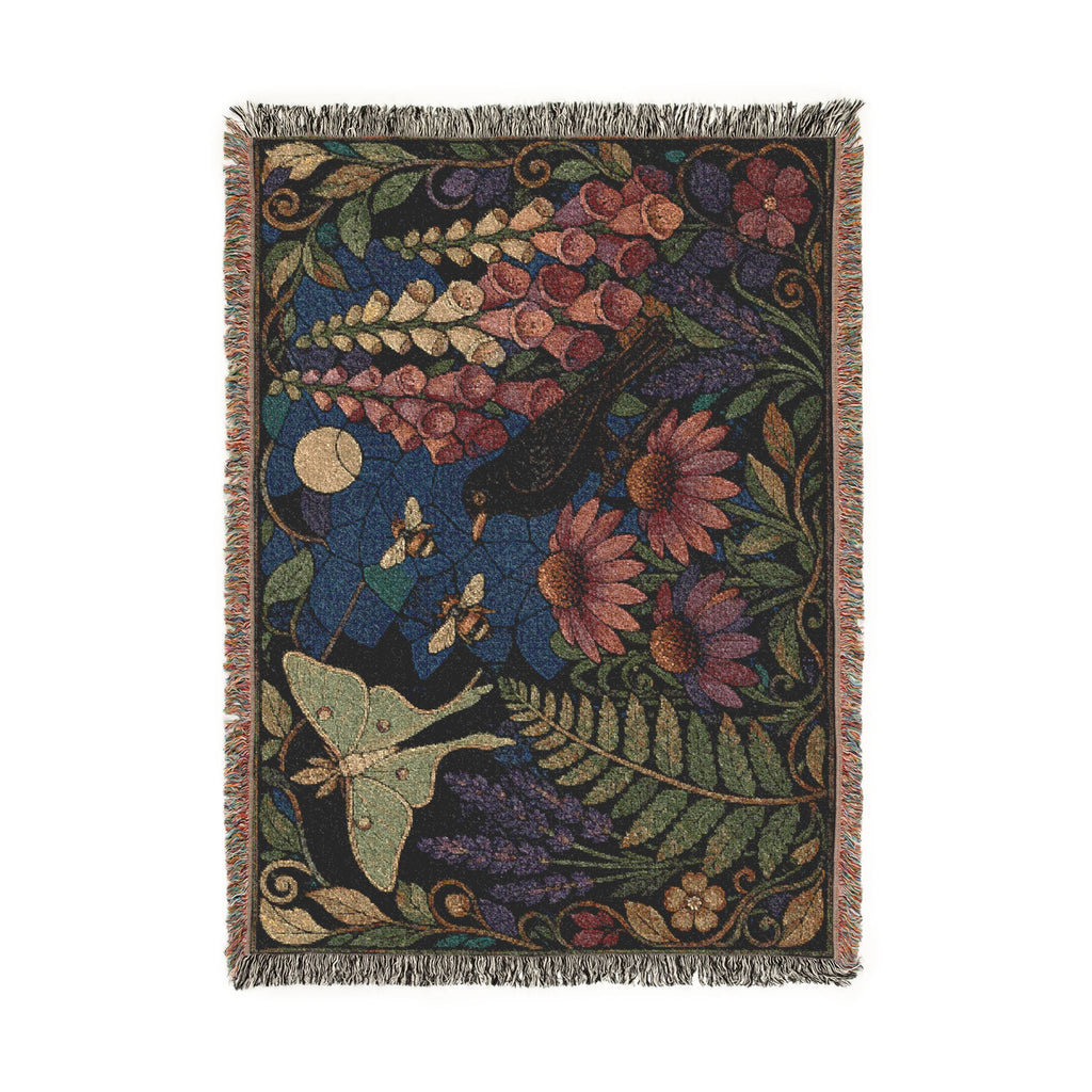 Botanical Woven Throw Blanket, Stained Glass Wildflower Tapestry