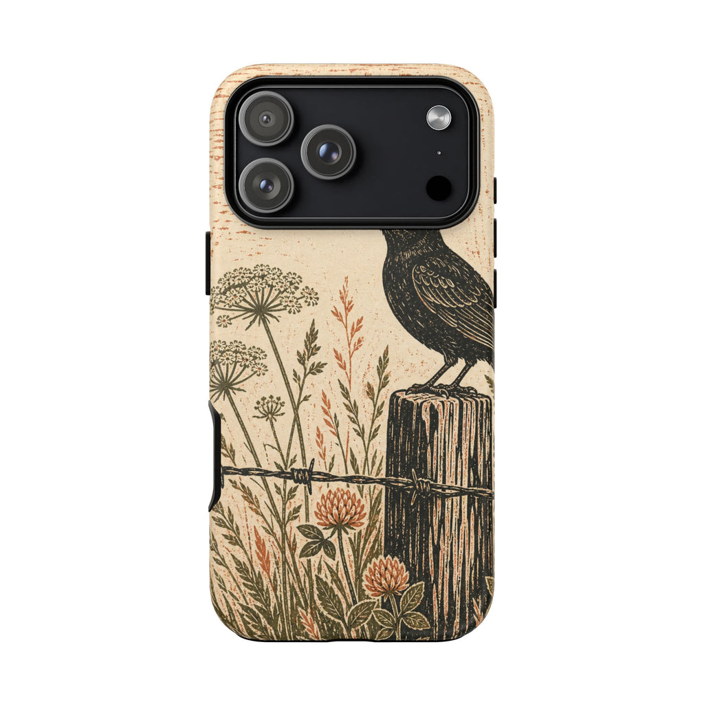 Rustic Matte iPhone Case for iPhone 15–17, Blackbird Linocut