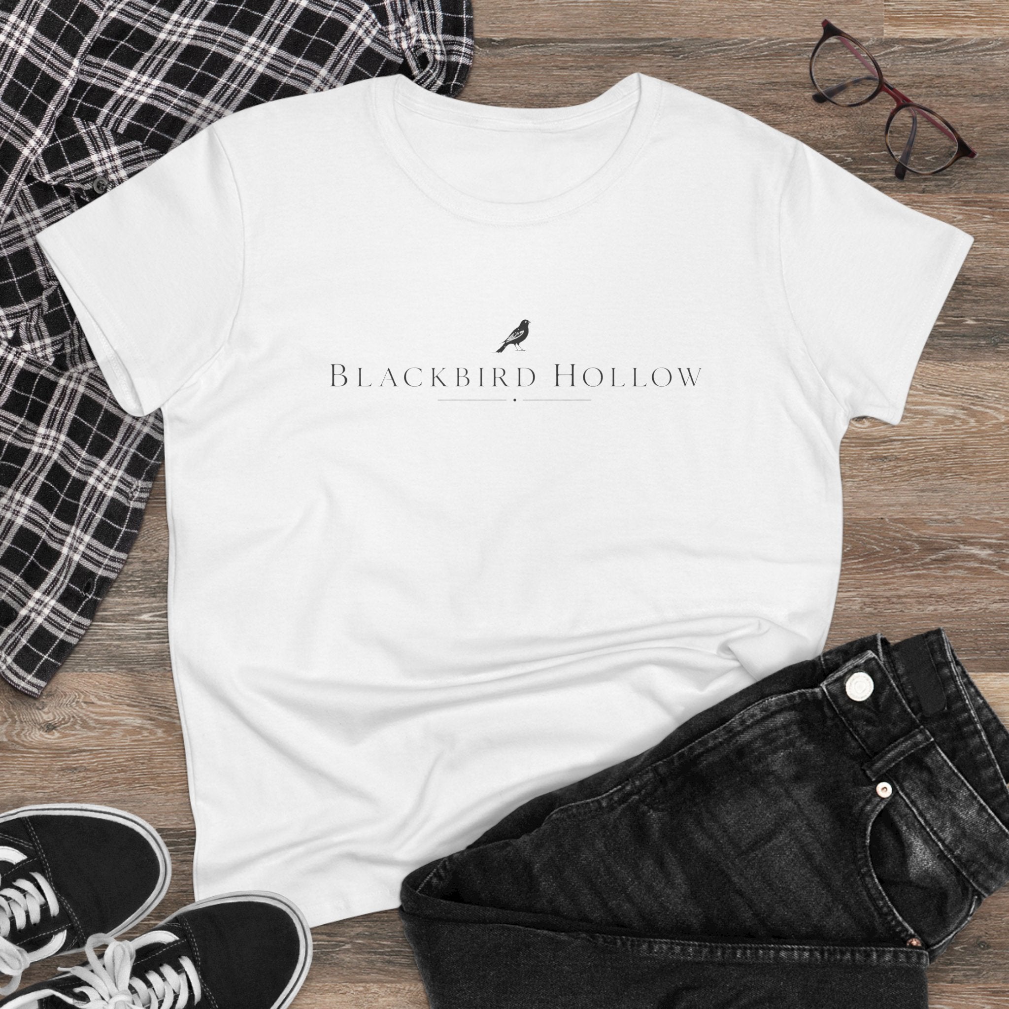 Blackbird Hollow Women's Tee — Minimal Script Logo Cotton Shirt