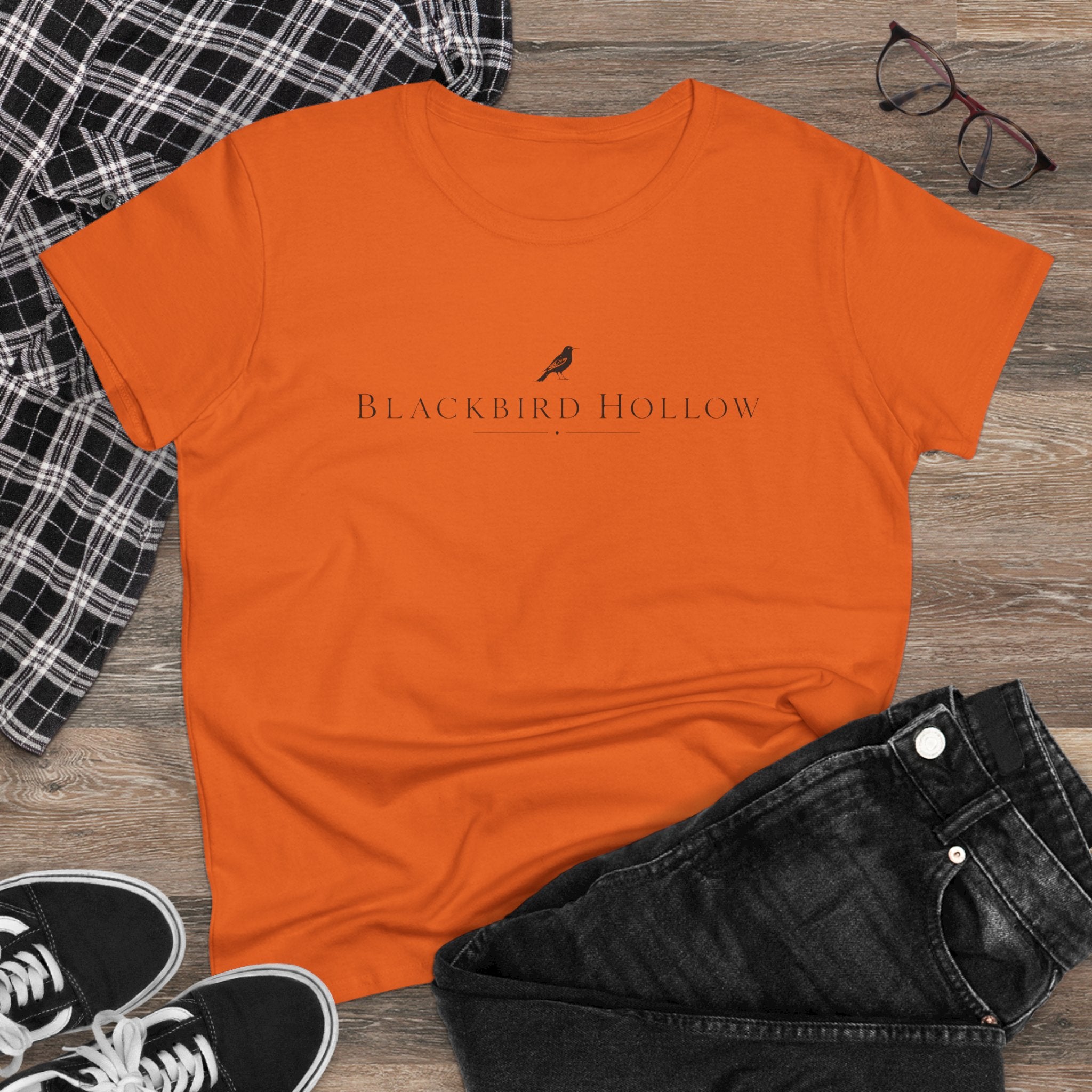 Blackbird Hollow Women's Tee — Minimal Script Logo Cotton Shirt