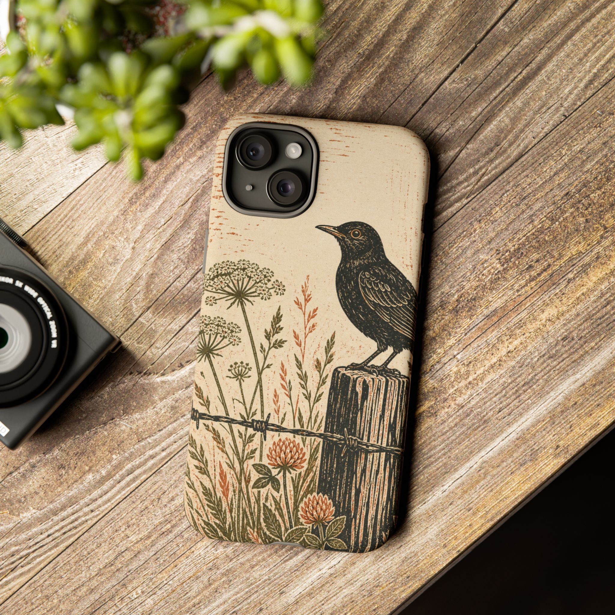 Rustic Matte iPhone Case for iPhone 15–17, Blackbird Linocut