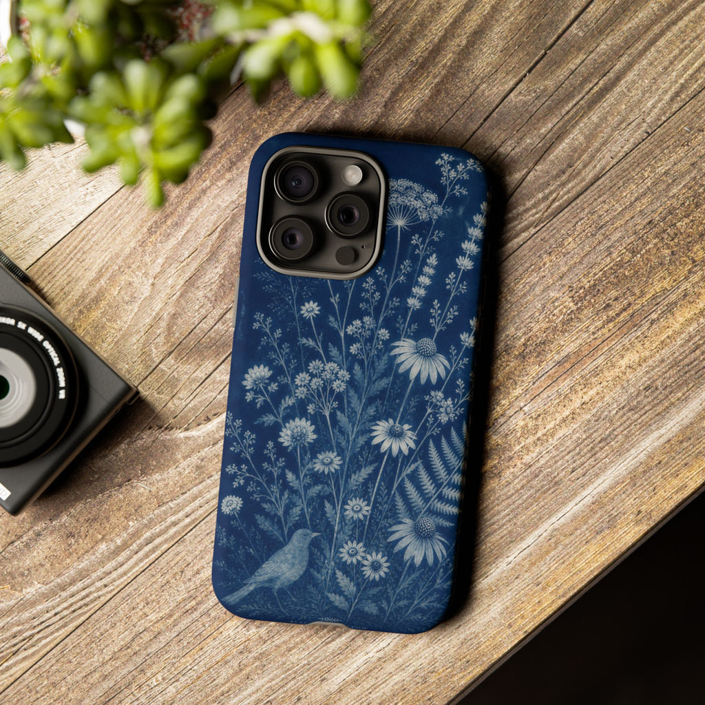 Blue Botanical iPhone Case for iPhone 15–17, Cyanotype Wildflowers