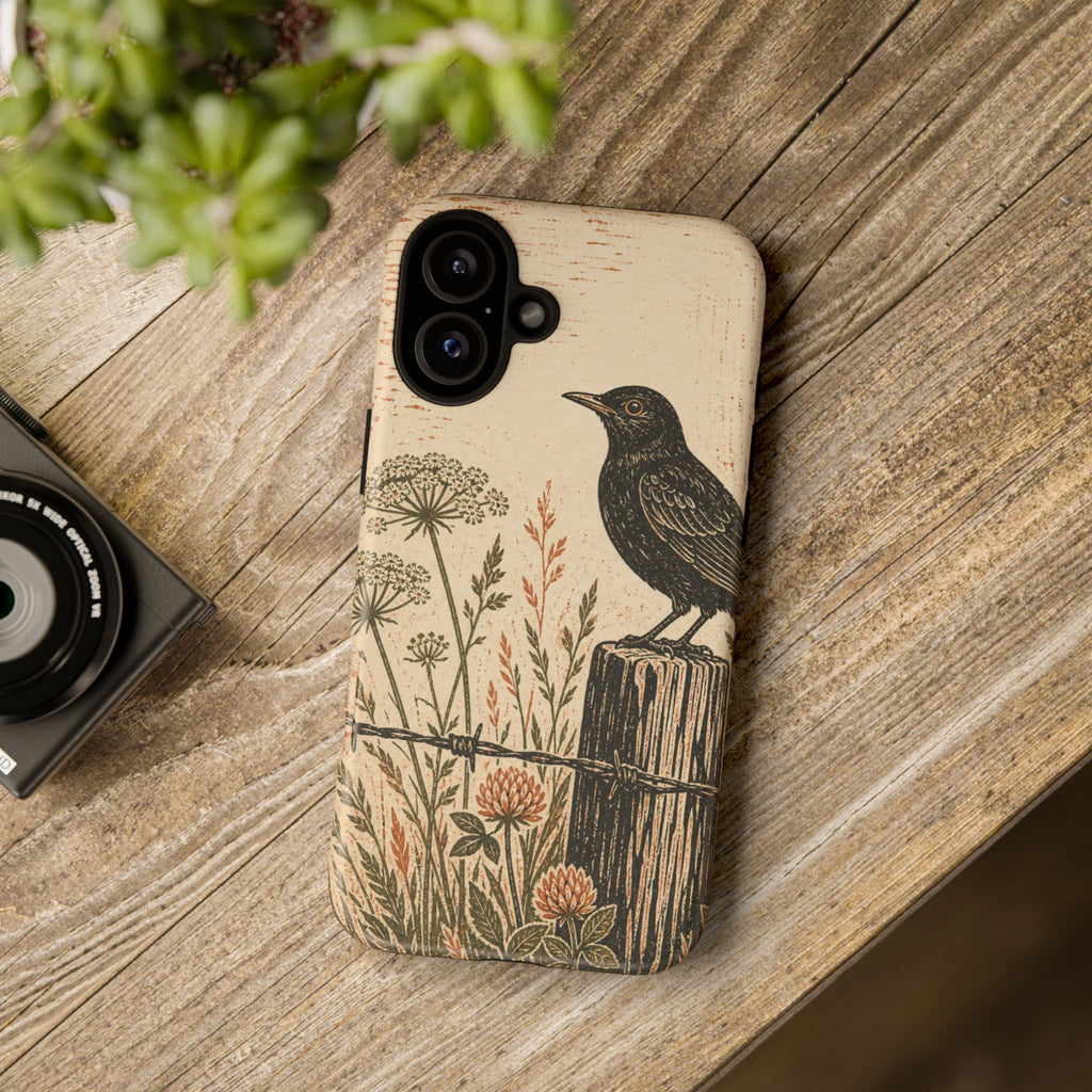 Rustic Matte iPhone Case for iPhone 15–17, Blackbird Linocut