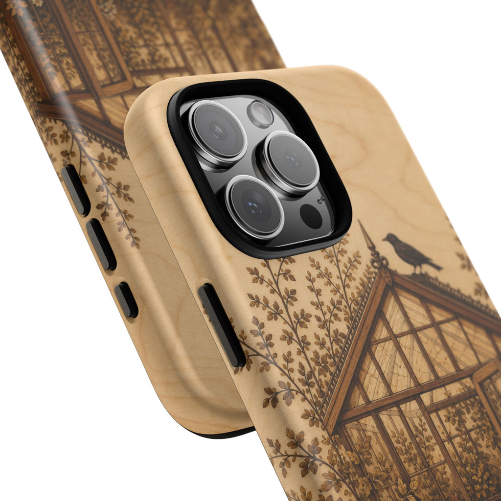 Botanical iPhone Case for iPhone 15–17, Wood Marquetry Greenhouse