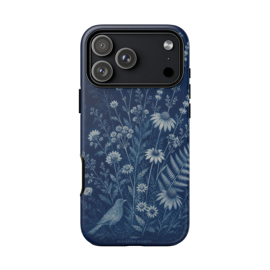 Blue Botanical iPhone Case for iPhone 15–17, Cyanotype Wildflowers