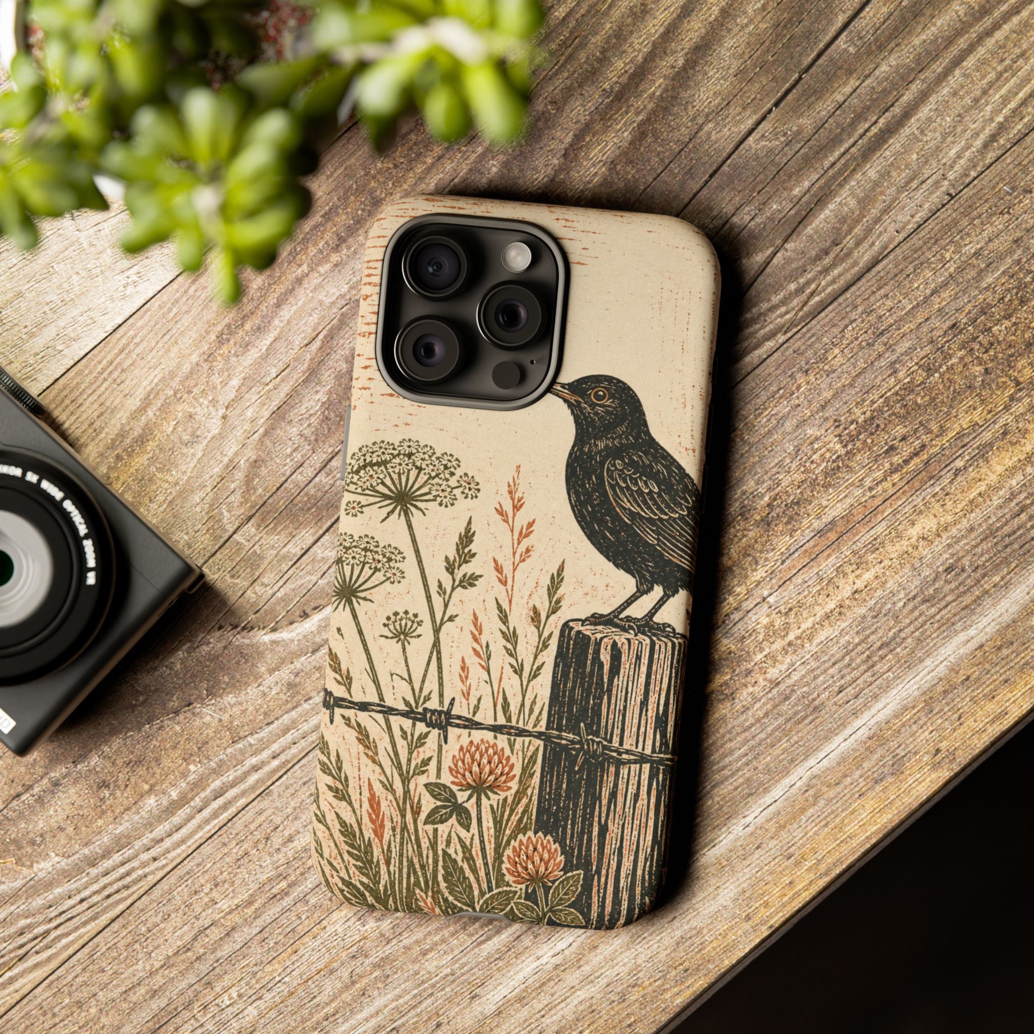 Rustic Matte iPhone Case for iPhone 15–17, Blackbird Linocut