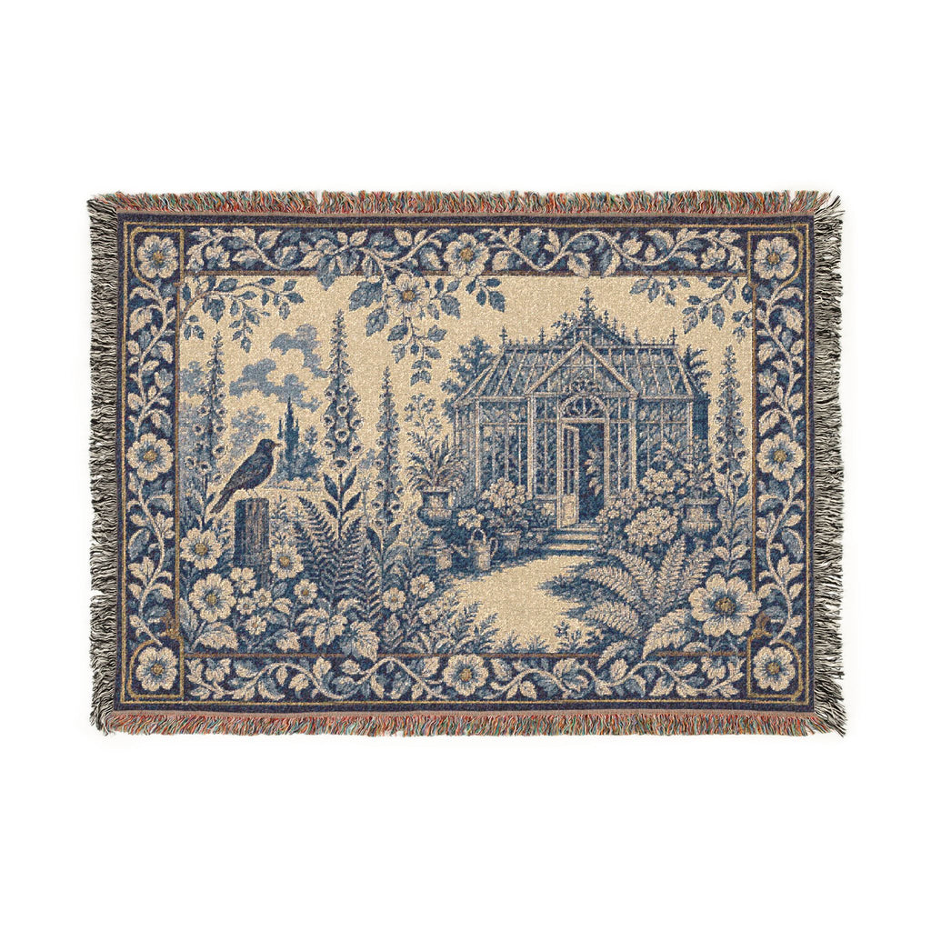 Blue Floral Woven Throw Blanket, Cobalt Greenhouse Tapestry