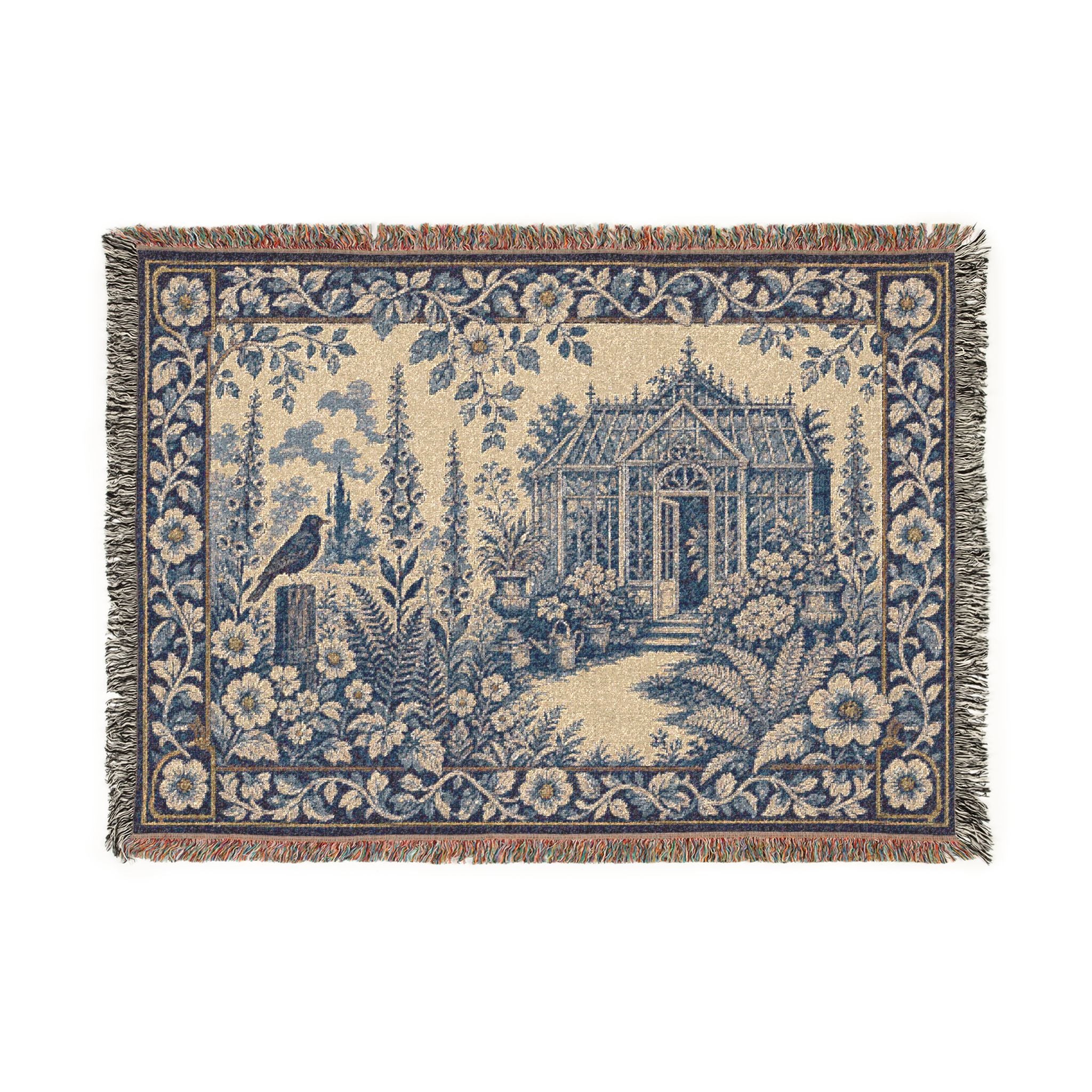 Blue Floral Woven Throw Blanket, Cobalt Greenhouse Tapestry