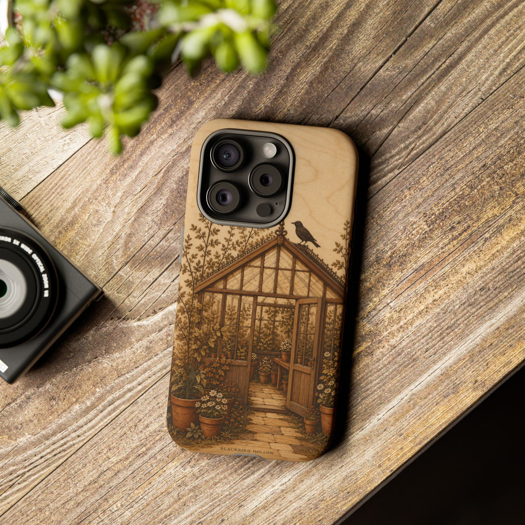 Botanical iPhone Case for iPhone 15–17, Wood Marquetry Greenhouse