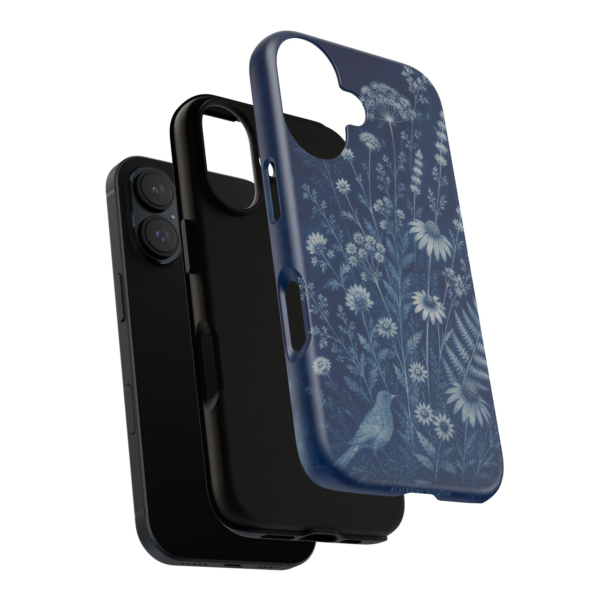 Blue Botanical iPhone Case for iPhone 15–17, Cyanotype Wildflowers